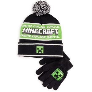 Minecraft Creepers Boys Winter Knit PomPom Hat and Gloves Set